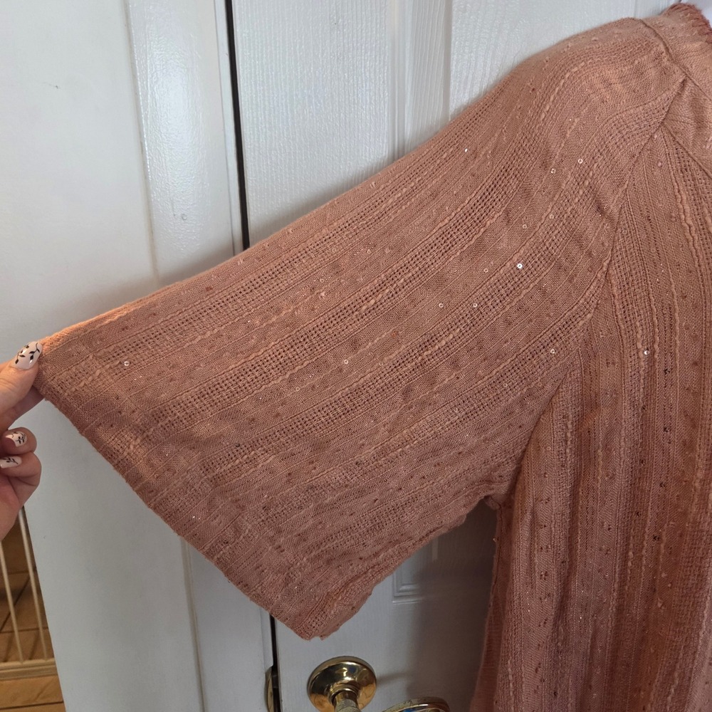 Free People Terracotta Sequin Embroidered V-Neck Boho Tunic Top L Rose Blouse - Picture 2 of 7